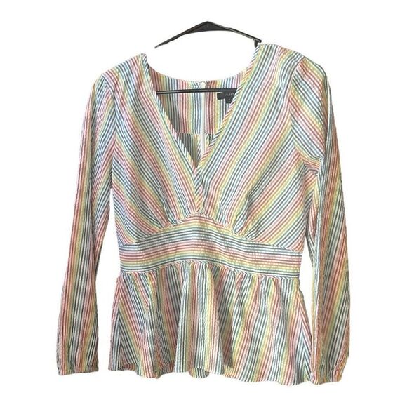 J. Crew Multicolor Pastel Rainbow Poplin Peplum Zip Back Boho Blouse Size Small - Picture 1 of 6